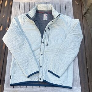 Light Gray Quilted Puffer Jacket with Navy Trim